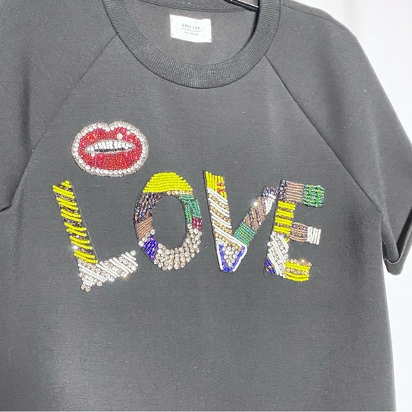Grey Lab LOVE Beaded Short Sleeve Black Sweatshirt - Picture 4 of 6